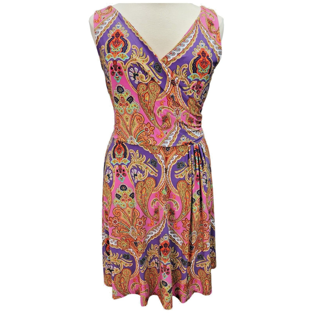Lauren Ralph Lauren Dress Women’s Large Pink Purple Paisley Faux Wrap Stretch - Picture 2 of 16
